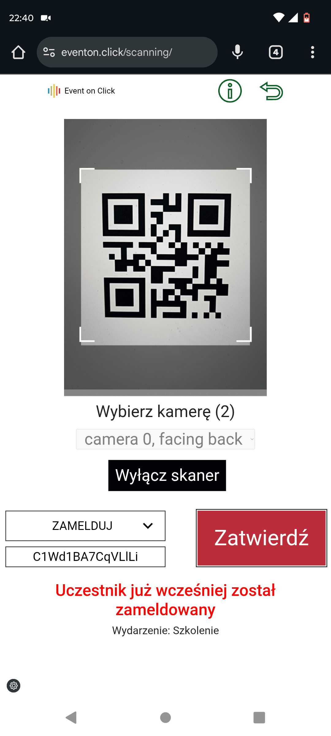Screenshot from a phone with a QR code scanning app running
